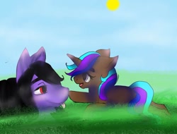 Size: 1174x891 | Tagged: safe, artist:brainiac, oc, oc only, oc:brainiac, oc:rose sniffer, earth pony, pony, unicorn, colt, cute, female, filly, lying down, male, young