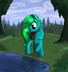 Size: 1000x1054 | Tagged: safe, artist:sirzi, derpibooru import, oc, oc only, oc:kimi, pony, unicorn, commission, female, grass, mare, outdoors, pond, reflection, saddle bag, smiling, solo, tree, walking, water, ych result