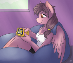 Size: 1200x1033 | Tagged: safe, artist:meggchan, oc, oc only, oc:star burst, anthro, pegasus, pikachu, anthro oc, breasts, clothes, female, game boy, game boy color, gamer, gemini ties, pokemon yellow, pokémon, ranchtown, solo, video game