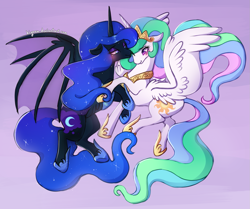 Size: 1379x1154 | Tagged: safe, artist:kiyoon, derpibooru import, nightmare moon, princess celestia, alicorn, bat pony, bat pony alicorn, pony, bat wings, blushing, female, flying, incest, jewelry, lesbian, lunabat, mare, mooncest, princest, race swap, regalia, shipping, siblings, sisters