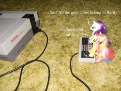 Size: 800x600 | Tagged: safe, artist:eratosofcyrene, fluttershy, rarity, pegasus, pony, unicorn, female, irl, mare, mario, nintendo, nintendo entertainment system, photo, playing video games, super mario bros., toy, video game