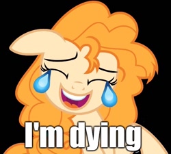 Size: 538x485 | Tagged: safe, artist:cloudyskie, derpibooru import, edit, pear butter, earth pony, pony, the perfect pear, black background, crying, dark comedy, emoji, eyes closed, female, floppy ears, image macro, laughing, mare, meme, open mouth, simple background, smiling, we are going to hell, 😂