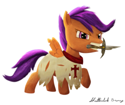 Size: 1000x839 | Tagged: safe, artist:shutterclickbrony, scootaloo, pegasus, pony, angry, christianity, clothes, cross, crusader, fantasy class, female, filly, knight, knights templar, mouth hold, paladin, signature, simple background, sword, transparent background, warrior, weapon