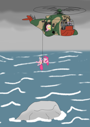 Size: 2893x4092 | Tagged: safe, anonymous artist, dinky hooves, fluttershy, pinkie pie, twilight sparkle, earth pony, pegasus, pony, unicorn, female, filly, helicopter, mare, rescue, water