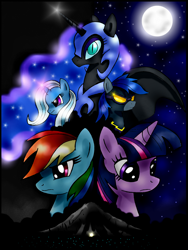 Size: 1224x1632 | Tagged: safe, artist:unitoone, nightmare moon, rainbow dash, trixie, twilight sparkle, alicorn, pegasus, pony, unicorn, clothes, costume, fanfic, fanfic art, female, mare, shadowbolts, shadowbolts costume, the night that never ended