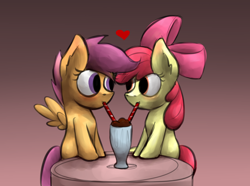 Size: 1280x952 | Tagged: safe, artist:marsminer, apple bloom, scootaloo, cute, female, lesbian, love, milkshake, scootabloom, sharing, shipping