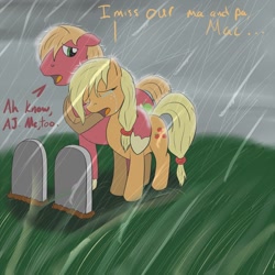 Size: 1280x1280 | Tagged: safe, artist:jinyaranda, applejack, big macintosh, earth pony, pony, applejack's parents, crying, duo, female, grave, hatless, male, mare, missing accessory, rain, sad, stallion, wet mane