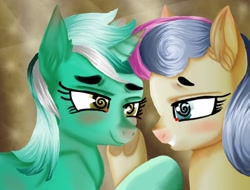 Size: 2048x1556 | Tagged: safe, artist:brainiac, bon bon, lyra heartstrings, sweetie drops, slice of life (episode), best friends, female, lesbian, lyrabon, scene interpretation, shipping, swirly eyes