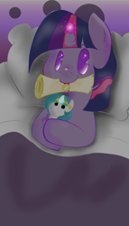 Size: 1090x1900 | Tagged: safe, artist:llamaswithkatanas, twilight sparkle, pony, unicorn, bed, female, filly, foal, mouth hold, no pupils, on back, pillow, plushie, scroll, smiling, solo