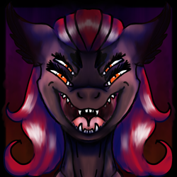 Size: 1730x1730 | Tagged: safe, artist:brainiac, oc, oc only, oc:four eyes, alien, demon, adoracreepy, creepy, cute, fangs, female, four eyes, kitchen eyes, looking at you, multiple eyes, present, scary, sharp teeth, smiling, smirk, solo