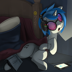 Size: 2800x2800 | Tagged: safe, artist:dimfann, dj pon-3, vinyl scratch, pony, unicorn, bed, cute, drool, eyes closed, female, headphones, mare, open mouth, sleeping, solo, sunglasses, tally marks, underhoof, vinylbetes