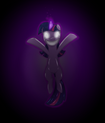 Size: 1000x1168 | Tagged: safe, artist:w300, twilight sparkle, pony, unicorn, female, floating, glowing eyes, gradient background, grin, looking at you, magic, mare, smiling, solo, telekinesis