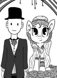 Size: 660x900 | Tagged: safe, artist:tjpones, oc, oc only, oc:brownie bun, oc:richard, earth pony, human, pony, horse wife, ask, clothes, description is relevant, dress, duo, ear fluff, ear piercing, earring, female, grayscale, human male, jewelry, male, mare, monochrome, piercing, simple background, tumblr, tuxedo, wedding, wedding dress, white background