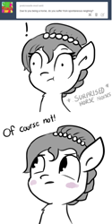 Size: 540x1080 | Tagged: safe, artist:tjpones, oc, oc only, oc:brownie bun, horse wife, ask, blushing, descriptive noise, horse noises, horses doing horse things, meme, monochrome, solo, surprised, tumblr