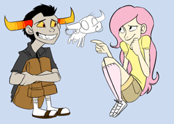 Size: 1280x915 | Tagged: safe, artist:geromy, fluttershy, human, crossover, female, homestuck, humanized, male, simple background, sitting, tavros nitram, tavroshy, tinkerbull