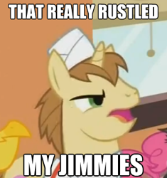 Size: 310x330 | Tagged: safe, edit, edited screencap, screencap, donut joe, pinkie pie, earth pony, pony, unicorn, mmmystery on the friendship express, female, image macro, jimmies, male, mare, meme, rustled my jimmies, solo focus, stallion