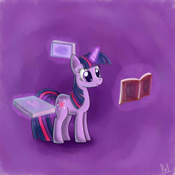 Size: 2000x2000 | Tagged: dead source, safe, artist:polkin, twilight sparkle, pony, unicorn, abstract background, book, female, high res, magic, mare, solo, telekinesis