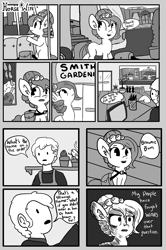 Size: 880x1328 | Tagged: safe, artist:tjpones, oc, oc only, oc:brownie bun, human, horse wife, comic, monochrome, shop, tumblr