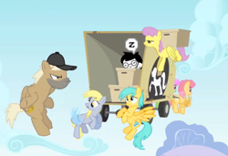 Size: 500x342 | Tagged: artist needed, safe, edit, edited screencap, screencap, crafty crate, dizzy twister, merry may, orange swirl, parasol, sunshower raindrops, pegasus, pony, box, female, flying, homestuck, jade harley, male, mare, stallion