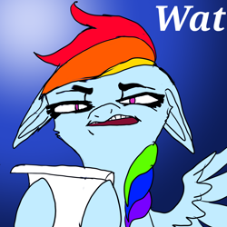 Size: 1730x1730 | Tagged: safe, artist:brainiac, rainbow dash, pegasus, pony, expression, faic, floppy ears, funny face, icon, meme, reaction image, solo, wat