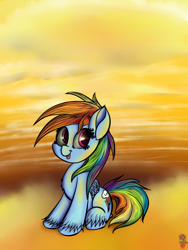 Size: 600x800 | Tagged: safe, artist:heavymetalbronyyeah, artist:mayathemadhatter, rainbow dash, pegasus, pony, :p, cloud, cloudy, cute, dashabetes, female, mare, sitting, sky, smiling, solo, sunset, tongue out, unshorn fetlocks