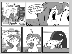 Size: 1280x965 | Tagged: safe, artist:tjpones, oc, oc only, oc:brownie bun, oc:richard, human, scorpion, horse wife, arrow, comic, dalek, model plane, monochrome, mouse hole, scrunchy face