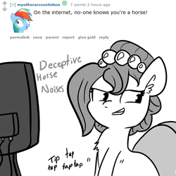 Size: 726x726 | Tagged: safe, artist:tjpones, rainbow dash, oc, oc:brownie bun, pegasus, pony, horse wife, computer, descriptive noise, horse noises, meme, monochrome, not what it looks like, on the internet nobody knows you're a dog, onomatopoeia, reddit, tapping, typing