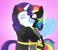 Size: 1435x1227 | Tagged: safe, artist:blackbewhite2k7, rainbow dash, rarity, pegasus, pony, semi-anthro, unicorn, batman, blushing, catwoman, crossover, female, gradient background, kissing, lesbian, parody, raridash, shipping