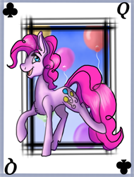 Size: 891x1174 | Tagged: safe, artist:brainiac, pinkie pie, earth pony, pony, balloon, full body, playing card, queen of clubs, solo