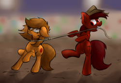 Size: 1280x881 | Tagged: safe, artist:marsminer, oc, oc only, oc:mars miner, oc:venus spring, cowboy, lasso, marspring, rodeo