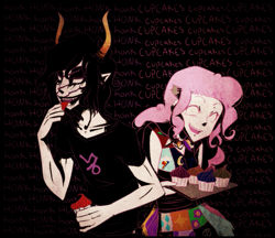 Size: 785x677 | Tagged: safe, artist:lexeh777, pinkie pie, human, fanfic:cupcakes, crossover, cupcake, gamzee makara, homestuck, honk honk, humanized, sober gamzee