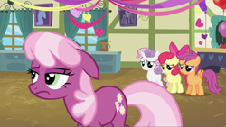 Size: 1128x636 | Tagged: safe, screencap, apple bloom, cheerilee, scootaloo, sweetie belle, earth pony, pegasus, pony, unicorn, hearts and hooves day (episode), cheerilee is unamused, cutie mark crusaders, female, filly, floppy ears, hearts and hooves day, mare, ponyville schoolhouse, school, unamused