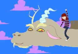 Size: 650x450 | Tagged: artist needed, safe, edit, discord, draconequus, andrew hussie, animated, cloud, cotton candy, cotton candy cloud, falkor, flying, food, gif, homestuck, lauren faust, riding, the neverending story
