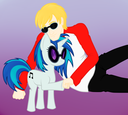 Size: 866x779 | Tagged: safe, artist:kankurounokugutsu, dj pon-3, vinyl scratch, human, pony, unicorn, dave strider, female, gradient background, homestuck, hoofbump, mare