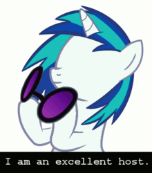 Size: 360x410 | Tagged: artist needed, safe, dj pon-3, vinyl scratch, pony, unicorn, animated, caption, doc scratch, female, gif, homestuck, mare, no eyes, pun, simple background, solo, sunglasses, text, white background
