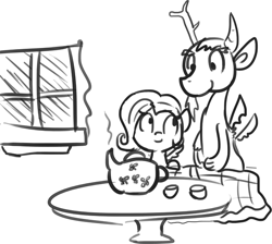 Size: 647x581 | Tagged: safe, artist:tjpones, discord, fluttershy, pegasus, pony, monochrome, rain, tea, teacup, teapot