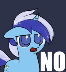 Size: 800x864 | Tagged: safe, artist:valcron, minuette, pony, unicorn, female, floppy ears, image macro, mare, no, reaction image, solo