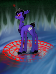 Size: 891x1174 | Tagged: safe, artist:brainiac, oc, oc only, oc:brainiac, pony, alternate hairstyle, angry, barcode, chest fluff, fire, full body, male, rune magic, solo, stallion, summon, water