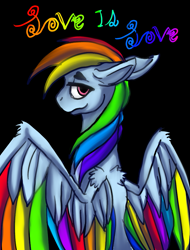 Size: 891x1174 | Tagged: safe, artist:brainiac, rainbow dash, pegasus, pony, female, gay pride, gay pride flag, large wings, looking at you, looking back, looking back at you, love is love, mare, pride, rainbow power, solo