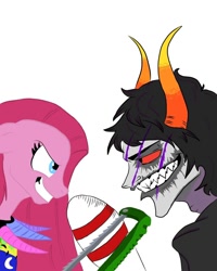 Size: 800x1000 | Tagged: safe, artist:neonshi, pinkie pie, earth pony, pony, fanfic:cupcakes, colored sclera, crossover, duo, female, floppy ears, gamzee makara, homestuck, male, mare, pinkamena diane pie, red eyes, red sclera, saw, scar, sharp teeth, simple background, teeth, troll (homestuck), white background