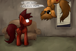 Size: 1280x871 | Tagged: safe, artist:marsminer, oc, oc only, oc:mars miner, oc:venus spring, earth pony, pony, braces, dialogue, dilated pupils, drugs, eye contact, female, floppy ears, frown, hallucination, looking at each other, lsd, male, mare, marspring, sofa, speech bubble, stallion, upside down, wat, wavy mouth, wide eyes, worried