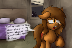 Size: 1280x853 | Tagged: safe, artist:marsminer, oc, oc only, oc:venus spring, pony, unicorn, apartment, bed, comic, cutie mark, female, floppy ears, hooves, mare, open mouth, pillow, shadow, solo focus, teeth, window