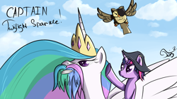 Size: 1366x768 | Tagged: safe, artist:twilightsquare, owlowiscious, princess celestia, twilight sparkle, alicorn, pony, unicorn, beard, ear piercing, earring, eyepatch, female, hat, jewelry, mare, piercing, pirate