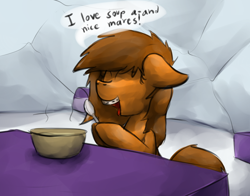 Size: 1280x1002 | Tagged: safe, artist:marsminer, oc, oc only, oc:venus spring, ask, braces, cute, eyes closed, floppy ears, happy, hoof hold, open mouth, smiling, solo, soup, spoon, tumblr