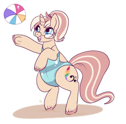 Size: 600x588 | Tagged: safe, artist:lulubell, oc, oc only, oc:lulubell, pony, unicorn, beach, beach ball, chubby, clothes, fat, freckles, glasses, one-piece swimsuit, open-back swimsuit, sand, simple background, solo, swimsuit, transparent background