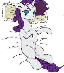 Size: 324x365 | Tagged: safe, artist:yoditax, rarity, pony, unicorn, bed, blue eyes, female, flockdraw, looking at you, lying on bed, mare, messy mane, no pupils, on back, pillow, purple mane, purple tail, simple background, white background, white coat