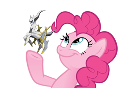 Size: 1184x855 | Tagged: safe, pinkie pie, earth pony, pony, arceus, female, look what pinkie found, mare, meme, mythical pokémon, normal type pokémon, pokémon, pokémon diamond and pearl, simple background, sinnoh pokémon, white background