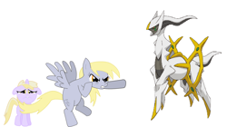 Size: 2100x1172 | Tagged: artist needed, safe, derpy hooves, dinky hooves, pegasus, pony, unicorn, angry, arceus, female, filly, mare, mythical pokémon, normal type pokémon, pokémon, pokémon diamond and pearl, simple background, sinnoh pokémon, white background