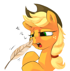 Size: 1024x1047 | Tagged: safe, artist:dimfann, applejack, earth pony, pony, feather, pre sneeze, sneezing, solo, tickling