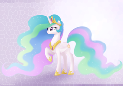 Size: 900x635 | Tagged: safe, artist:mn27, princess celestia, alicorn, pony, abstract background, female, mare, raised hoof, solo